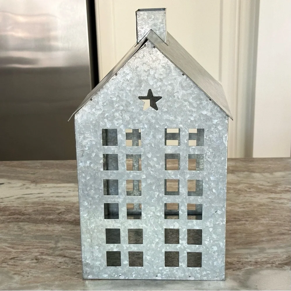 Large Holiday Galvanized Metal Luminary House / Christmas Village Lantern